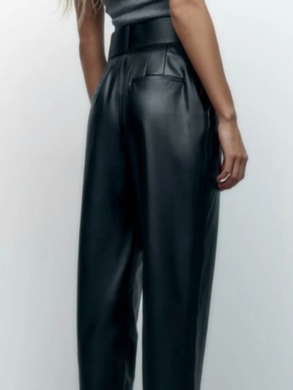 ZARA * FAUX LEATHER BELTED PANTS BLACK Size XS